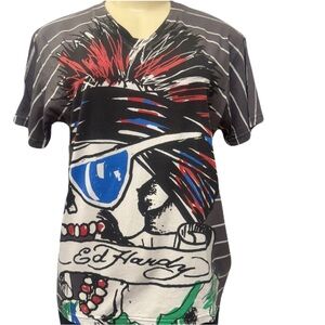 Vintage Ed Hardy Black and Red Mohawk Skull Short Sleeve Tee